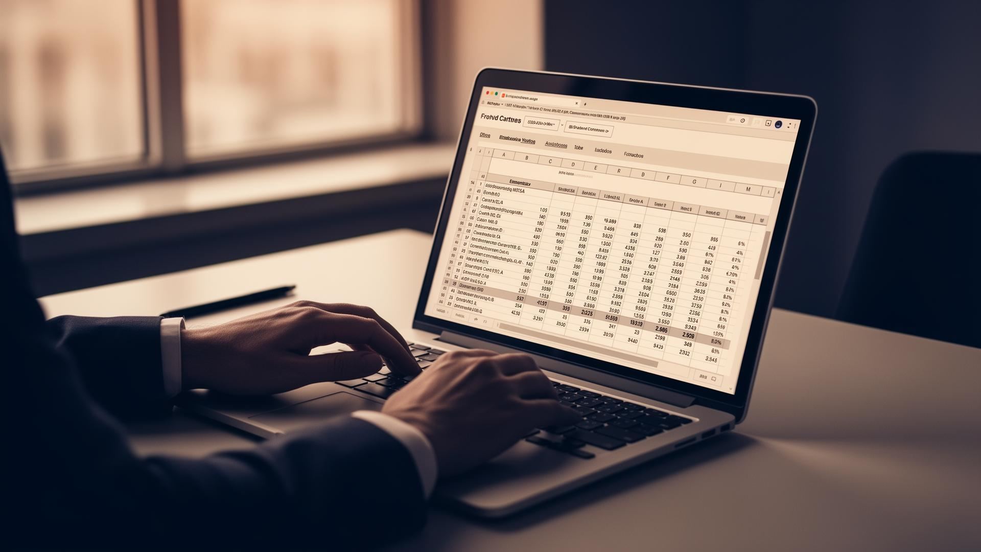 Mains tapant sur un ordinateur portable affichant un tableur financier